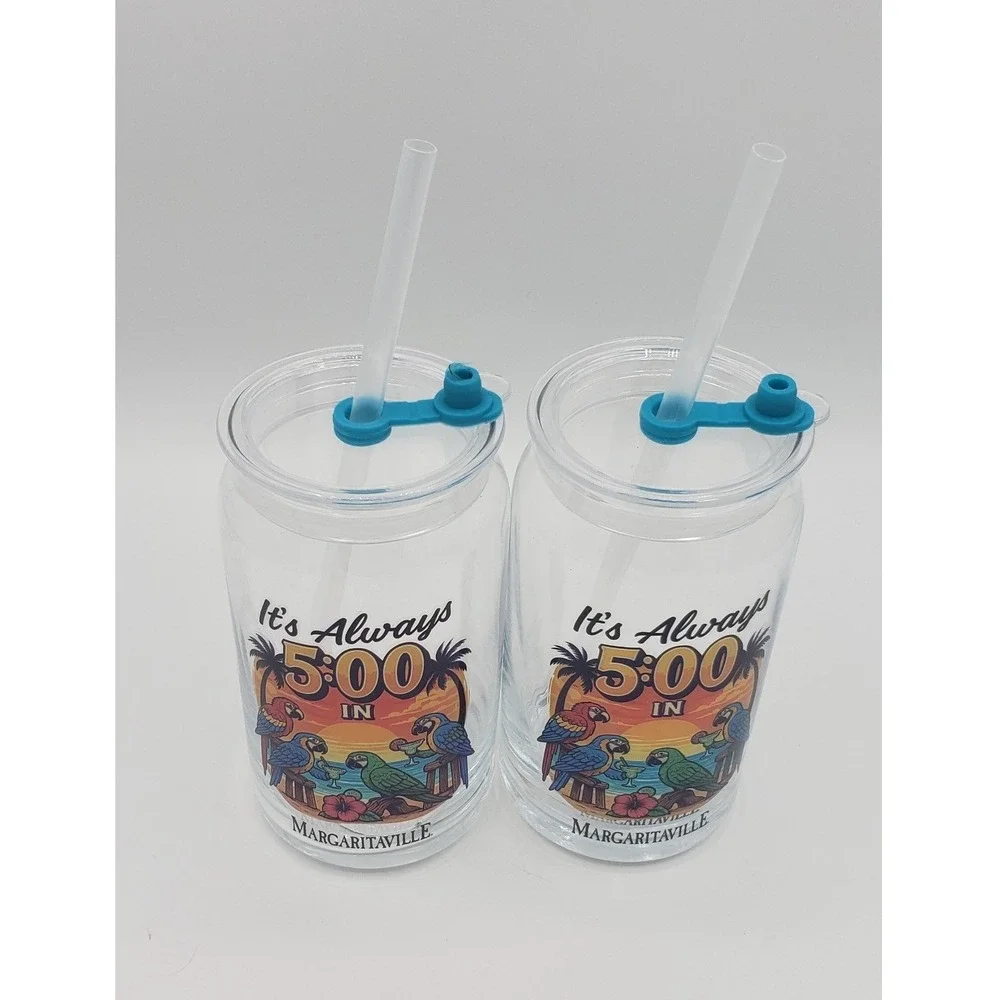 Margaritaville NEW Set of 2 Glass Sippers 16oz It's Always 5:00 Lids & Straws